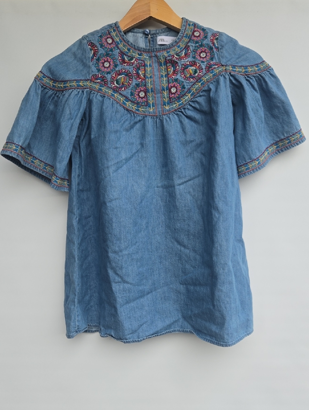 Zara Denim Chambray Relaxed Tunic Embroidered Boho Mexi Dress Girls Size 9